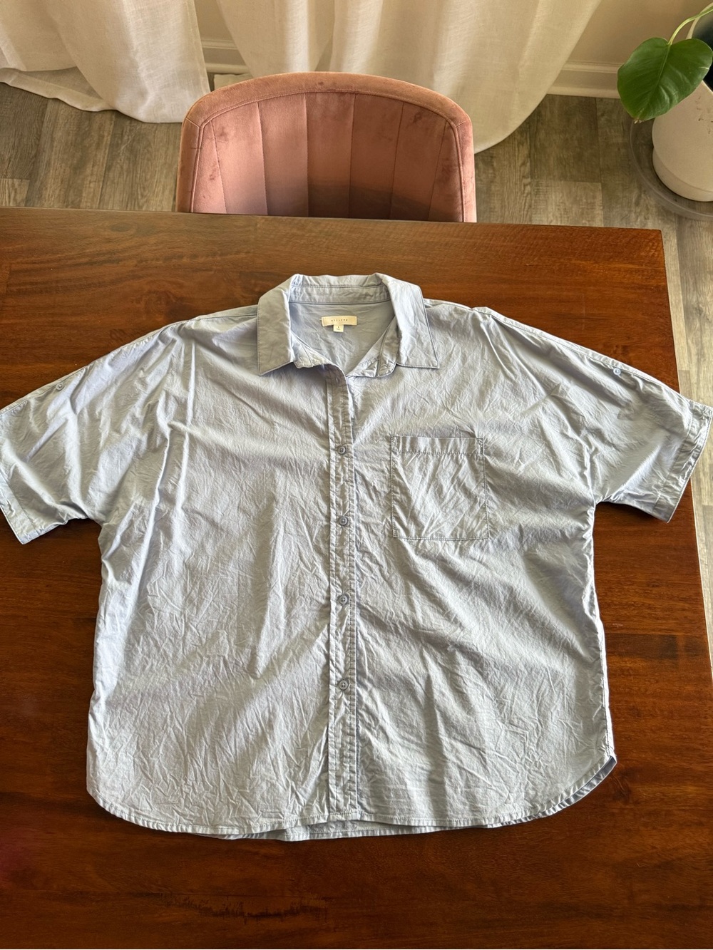 All:Row Blue Cotton Button Front Short Sleeve Shirt Size Small